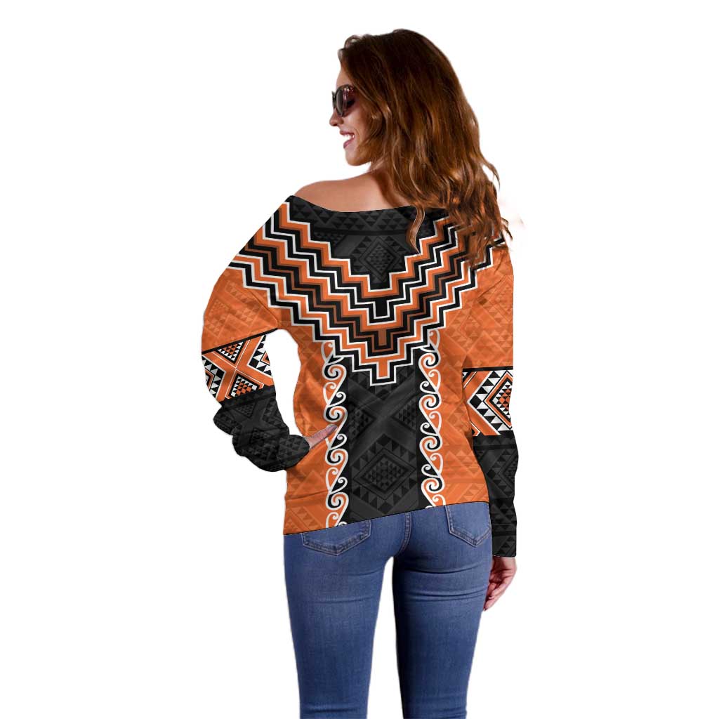 Orange Niho Taniwha Mix Poutama Off Shoulder Sweater Unique Taniko Aotearoa
