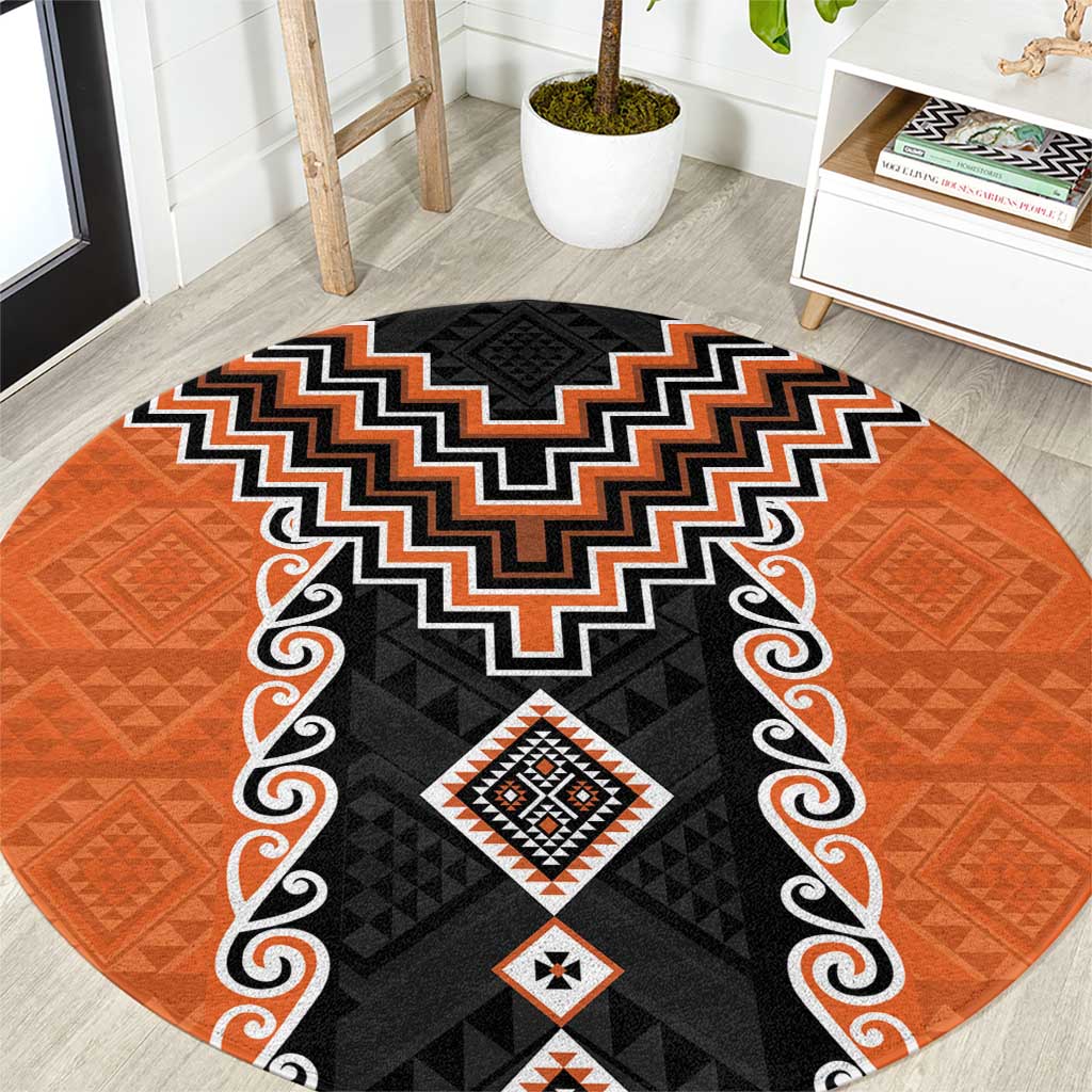 Orange Niho Taniwha Mix Poutama Round Carpet Unique Taniko Aotearoa LT01 Orange - Polynesian Pride