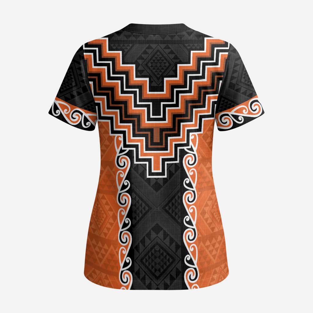Orange Niho Taniwha Mix Poutama Scrub Top Unique Taniko Aotearoa - Polynesian Pride