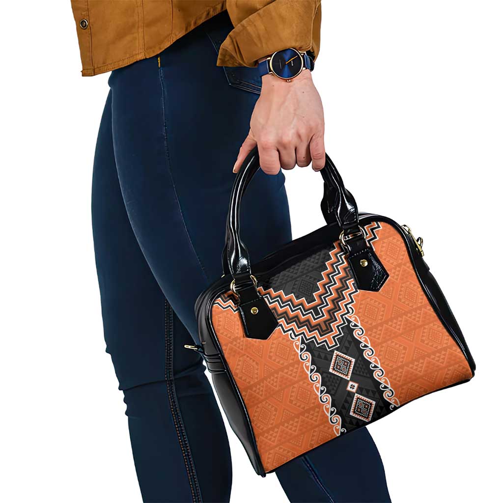 Orange Niho Taniwha Mix Poutama Shoulder Handbag Unique Taniko Aotearoa