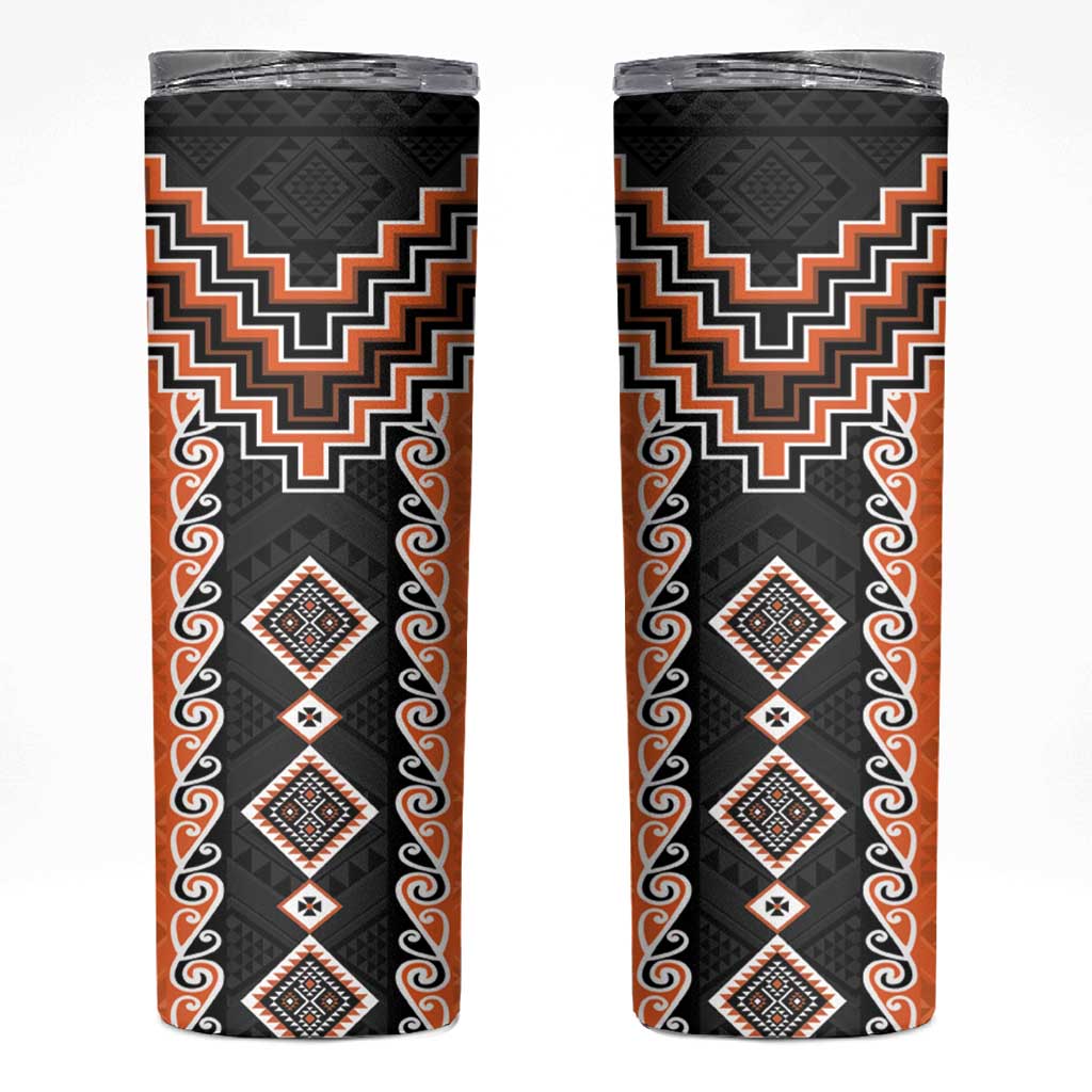 Orange Niho Taniwha Mix Poutama Skinny Tumbler Unique Taniko Aotearoa LT01 Orange - Polynesian Pride
