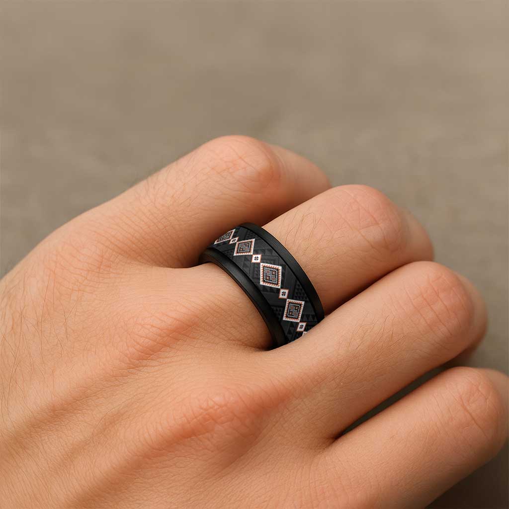 Orange Niho Taniwha Mix Poutama Spinner Ring Unique Taniko Aotearoa - Polynesian Pride
