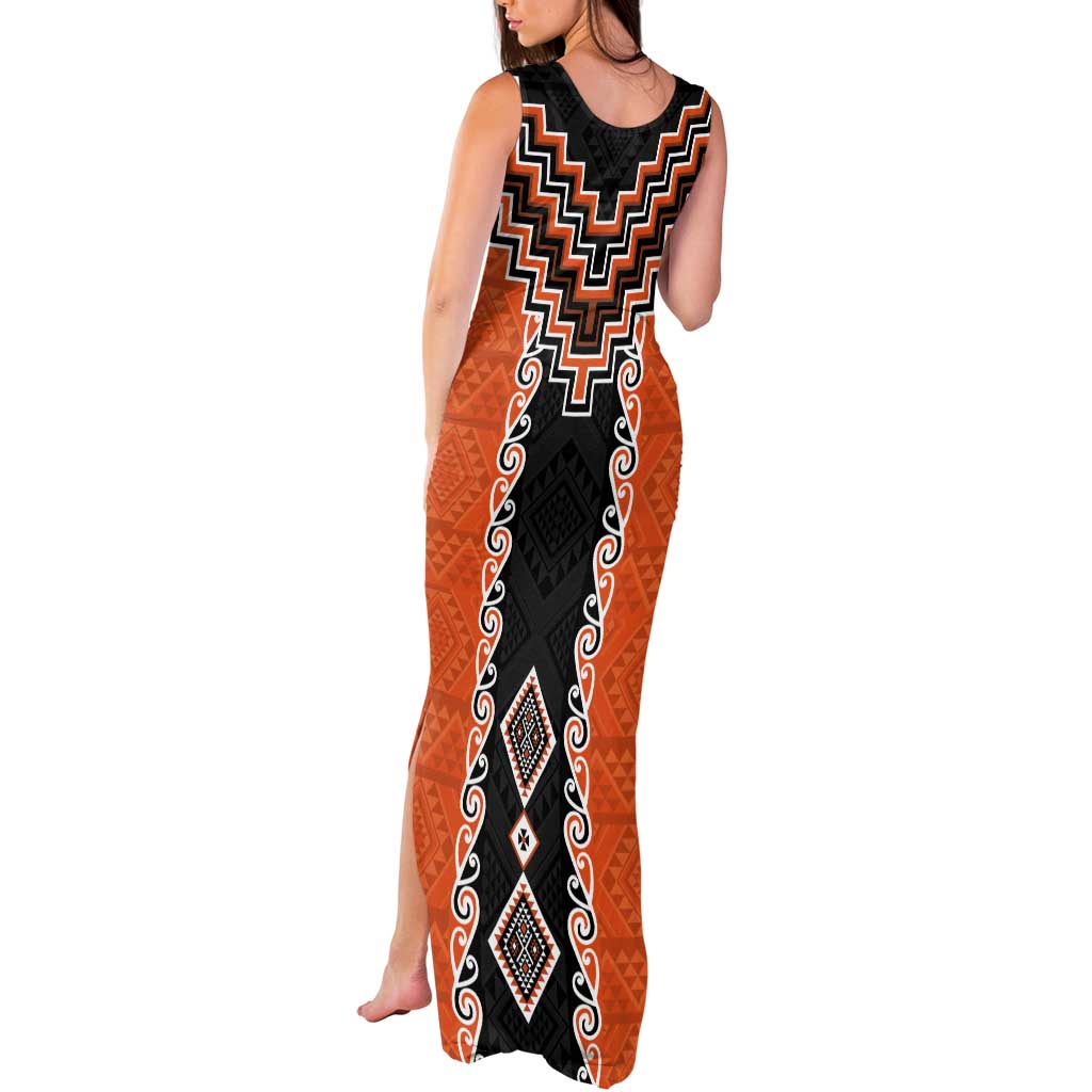 Orange Niho Taniwha Mix Poutama Tank Maxi Dress Unique Taniko Aotearoa