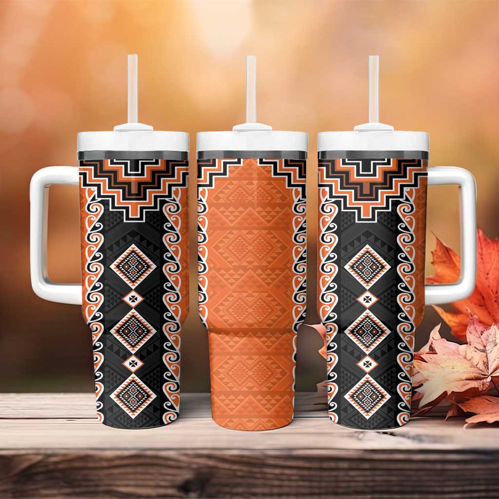 Orange Niho Taniwha Mix Poutama Tumbler With Handle Unique Taniko Aotearoa