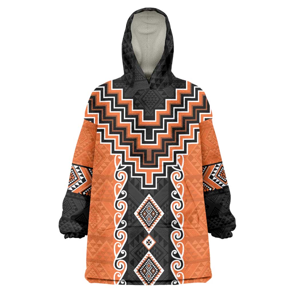 Orange Niho Taniwha Mix Poutama Wearable Blanket Hoodie Unique Taniko Aotearoa LT01 One Size Orange - Polynesian Pride
