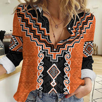 Orange Niho Taniwha Mix Poutama Women Casual Shirt Unique Taniko Aotearoa LT01 Female Orange - Polynesian Pride