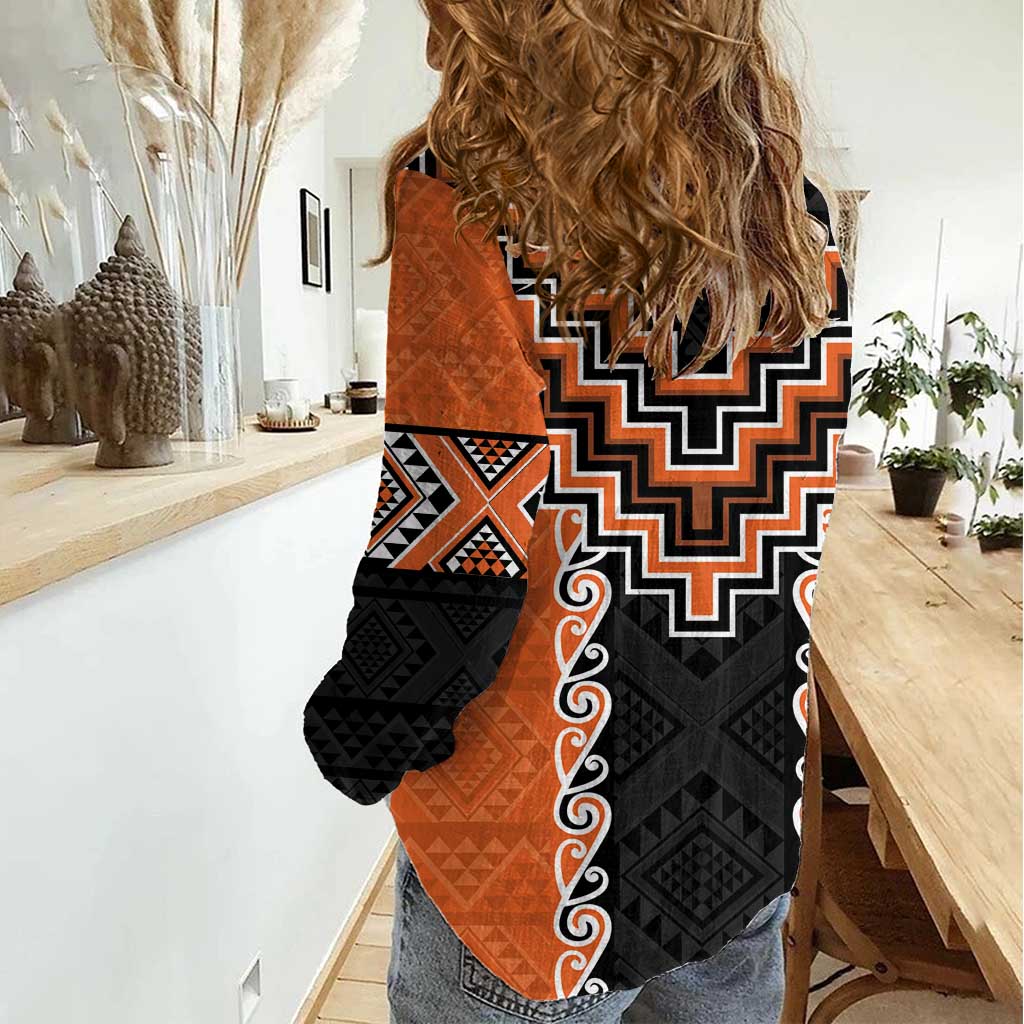 Orange Niho Taniwha Mix Poutama Women Casual Shirt Unique Taniko Aotearoa LT01 - Polynesian Pride