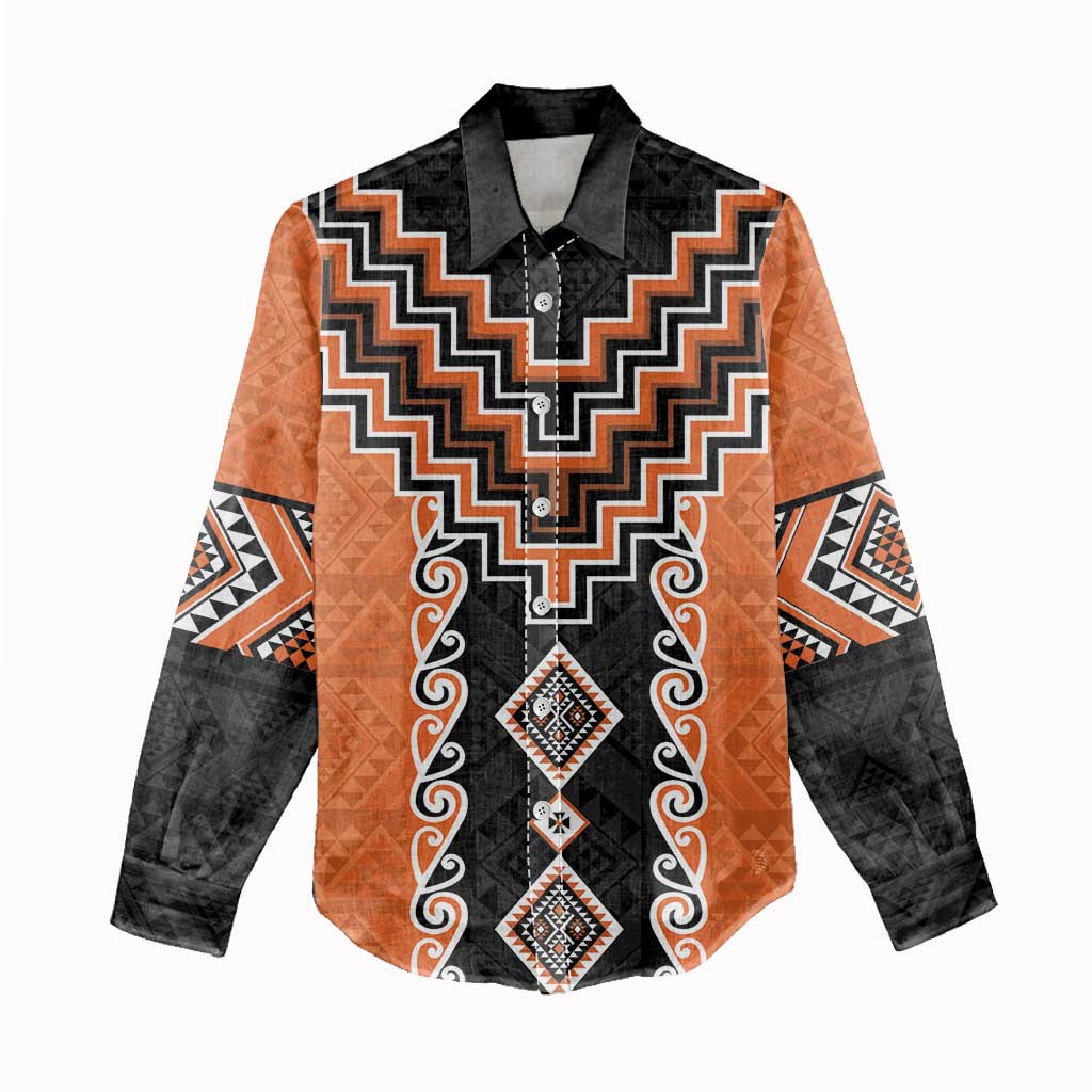 Orange Niho Taniwha Mix Poutama Women Casual Shirt Unique Taniko Aotearoa LT01 - Polynesian Pride