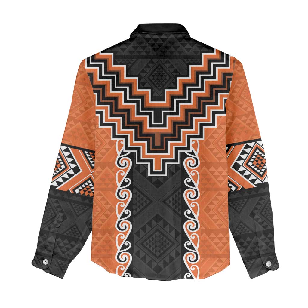 Orange Niho Taniwha Mix Poutama Women Casual Shirt Unique Taniko Aotearoa LT01 - Polynesian Pride