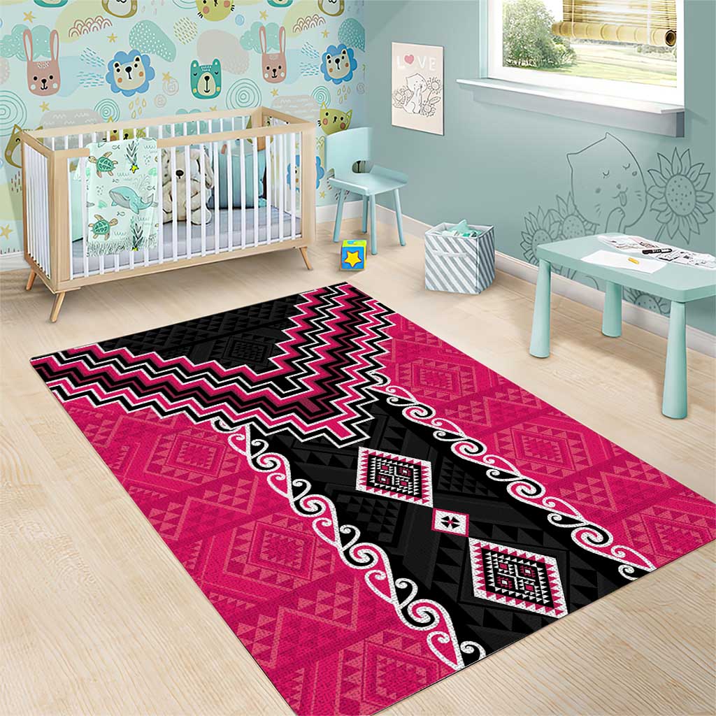 Pink Niho Taniwha Mix Poutama Area Rug Unique Taniko Aotearoa