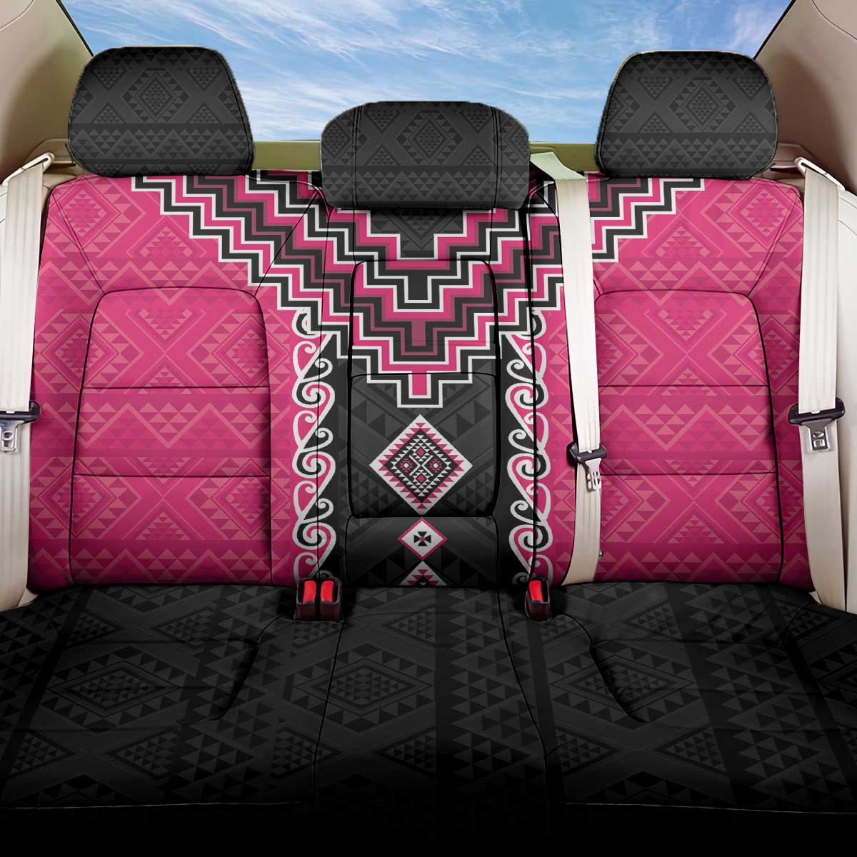 Pink Niho Taniwha Mix Poutama Back Car Seat Cover Unique Taniko Aotearoa LT01 One Size Pink - Polynesian Pride