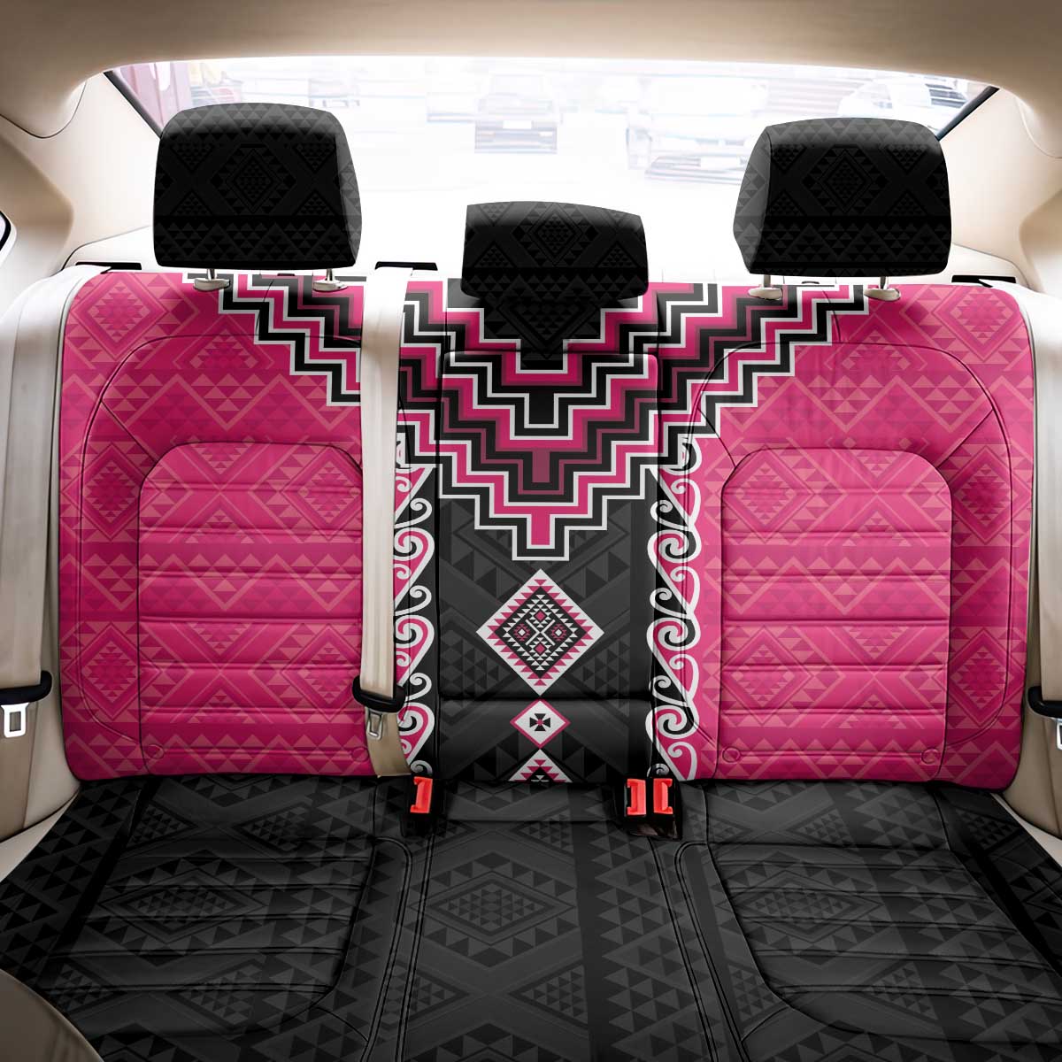 Pink Niho Taniwha Mix Poutama Back Car Seat Cover Unique Taniko Aotearoa LT01 - Polynesian Pride