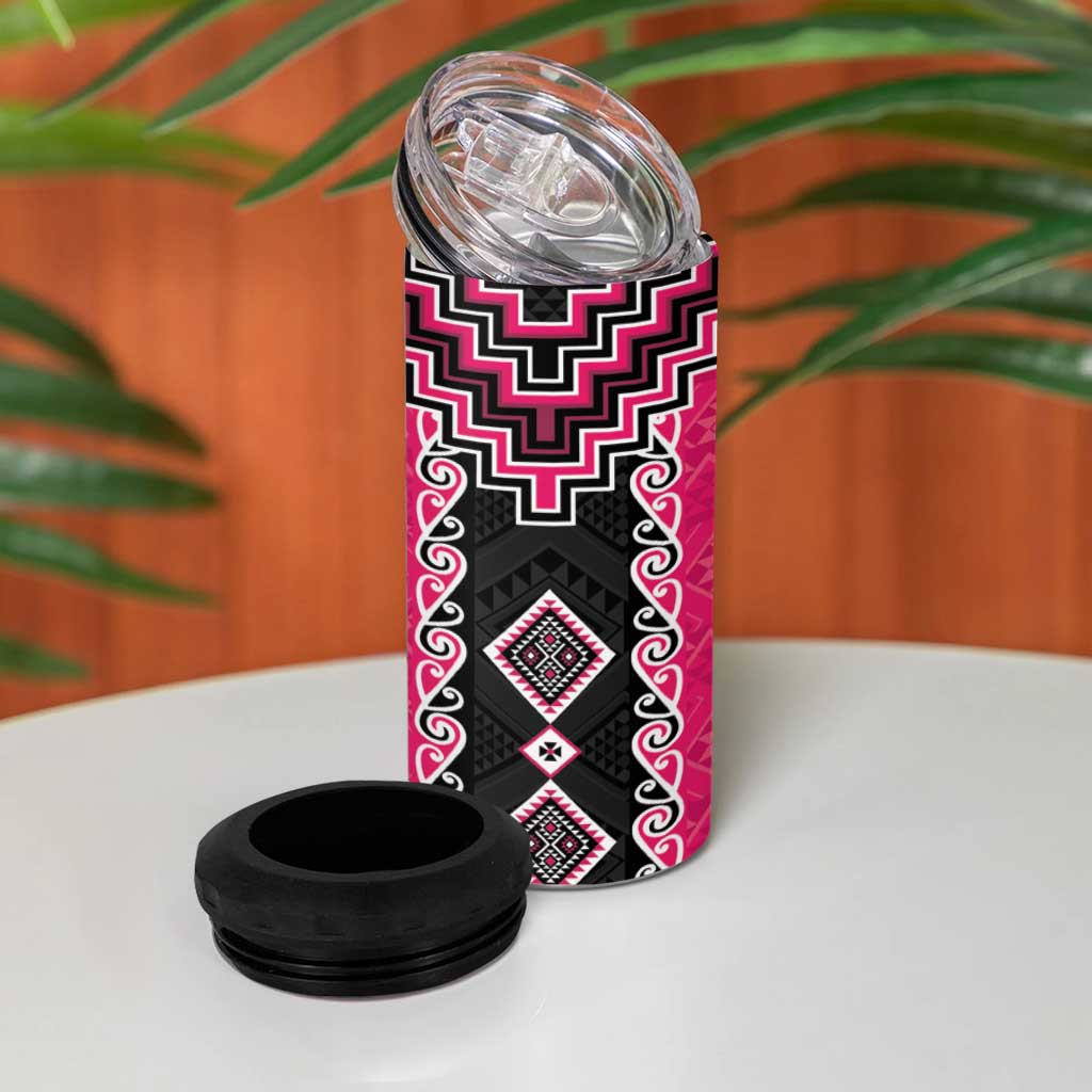 Pink Niho Taniwha Mix Poutama 4 in 1 Can Cooler Tumbler Unique Taniko Aotearoa LT01 - Polynesian Pride