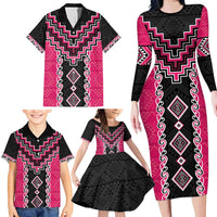 Pink Niho Taniwha Mix Poutama Family Matching Long Sleeve Bodycon Dress and Hawaiian Shirt Unique Taniko Aotearoa LT01 - Polynesian Pride