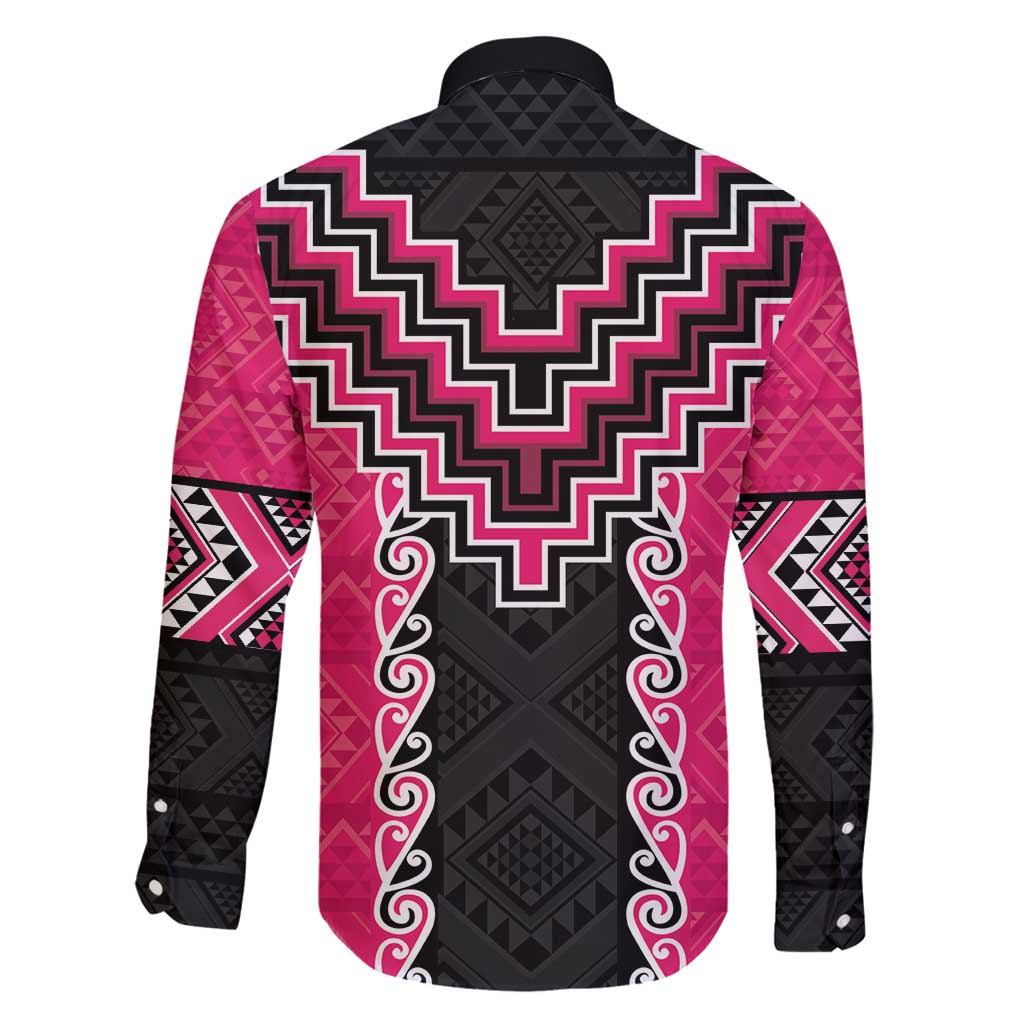 Pink Niho Taniwha Mix Poutama Family Matching Long Sleeve Bodycon Dress and Hawaiian Shirt Unique Taniko Aotearoa LT01 - Polynesian Pride