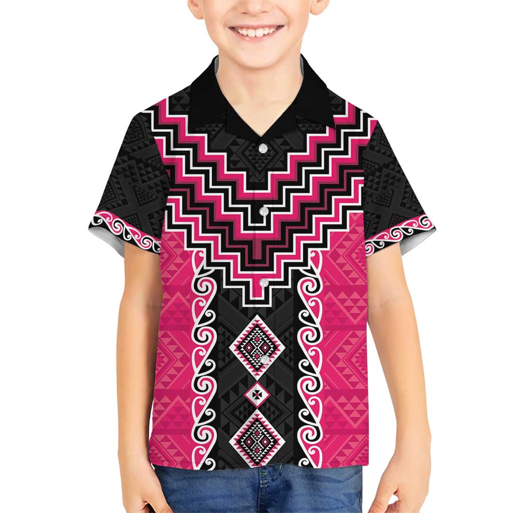 Pink Niho Taniwha Mix Poutama Family Matching Long Sleeve Bodycon Dress and Hawaiian Shirt Unique Taniko Aotearoa LT01 Son's Shirt Pink - Polynesian Pride