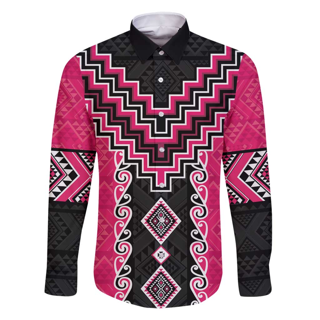 Pink Niho Taniwha Mix Poutama Family Matching Mermaid Dress and Hawaiian Shirt Unique Taniko Aotearoa LT01 Dad's Shirt - Long Sleeve Pink - Polynesian Pride