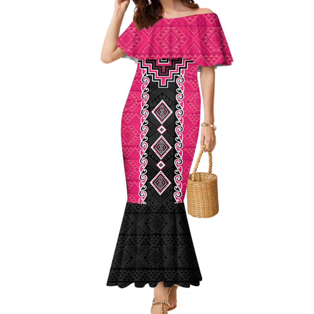 Pink Niho Taniwha Mix Poutama Family Matching Mermaid Dress and Hawaiian Shirt Unique Taniko Aotearoa LT01 Mom's Dress Pink - Polynesian Pride