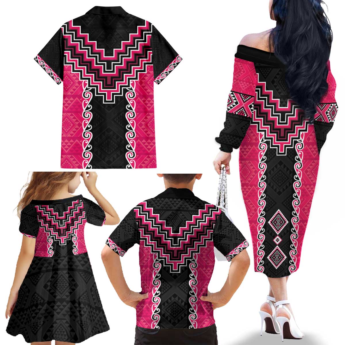 Pink Niho Taniwha Mix Poutama Family Matching Off The Shoulder Long Sleeve Dress and Hawaiian Shirt Unique Taniko Aotearoa LT01 - Polynesian Pride