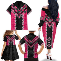 Pink Niho Taniwha Mix Poutama Family Matching Off The Shoulder Long Sleeve Dress and Hawaiian Shirt Unique Taniko Aotearoa LT01 - Polynesian Pride