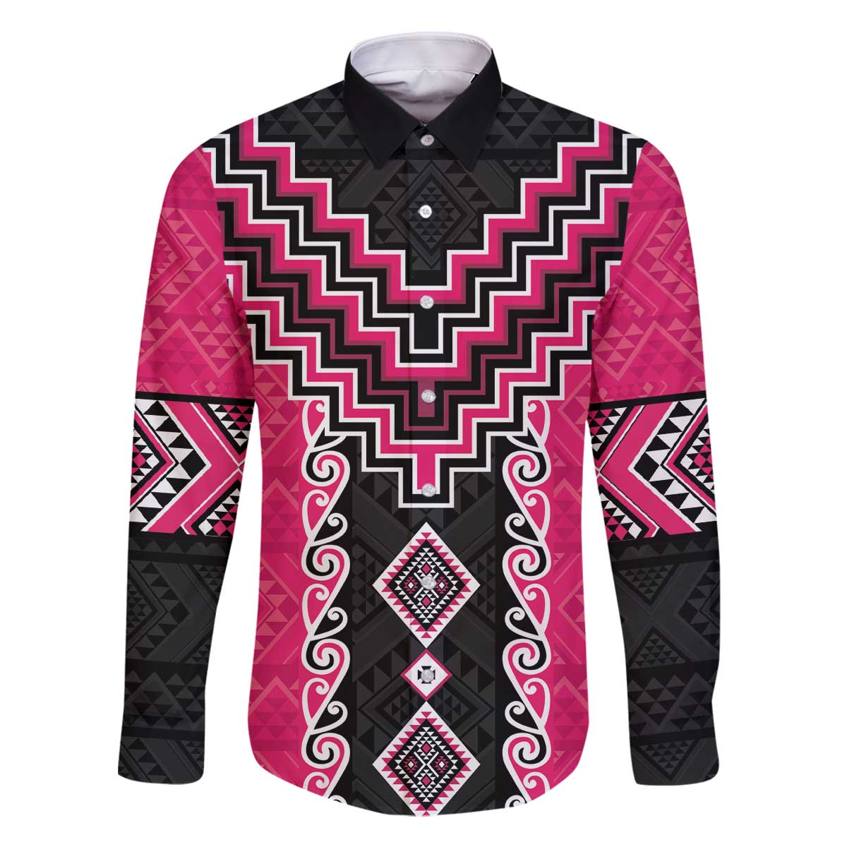Pink Niho Taniwha Mix Poutama Family Matching Off The Shoulder Long Sleeve Dress and Hawaiian Shirt Unique Taniko Aotearoa LT01 Dad's Shirt - Long Sleeve Pink - Polynesian Pride