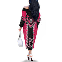 Pink Niho Taniwha Mix Poutama Family Matching Off The Shoulder Long Sleeve Dress and Hawaiian Shirt Unique Taniko Aotearoa LT01 - Polynesian Pride