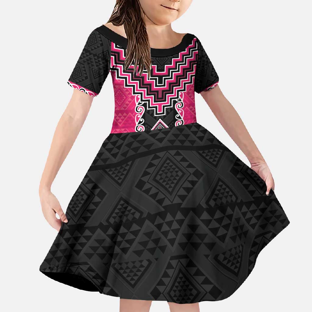 Pink Niho Taniwha Mix Poutama Family Matching Off Shoulder Maxi Dress and Hawaiian Shirt Unique Taniko Aotearoa LT01 Daughter's Dress Pink - Polynesian Pride