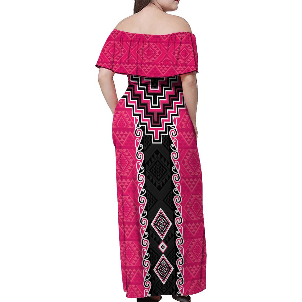 Pink Niho Taniwha Mix Poutama Family Matching Off Shoulder Maxi Dress and Hawaiian Shirt Unique Taniko Aotearoa LT01 - Polynesian Pride