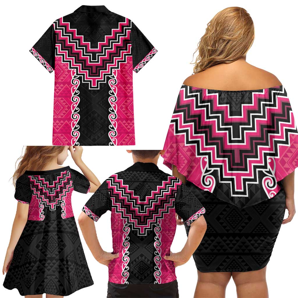Pink Niho Taniwha Mix Poutama Family Matching Off Shoulder Short Dress and Hawaiian Shirt Unique Taniko Aotearoa LT01 - Polynesian Pride