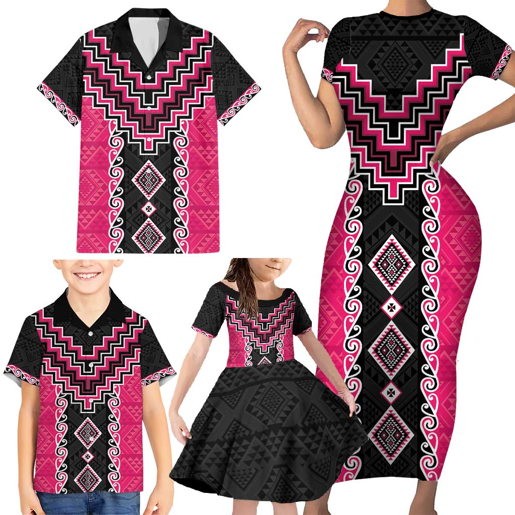 Pink Niho Taniwha Mix Poutama Family Matching Short Sleeve Bodycon Dress and Hawaiian Shirt Unique Taniko Aotearoa LT01 - Polynesian Pride