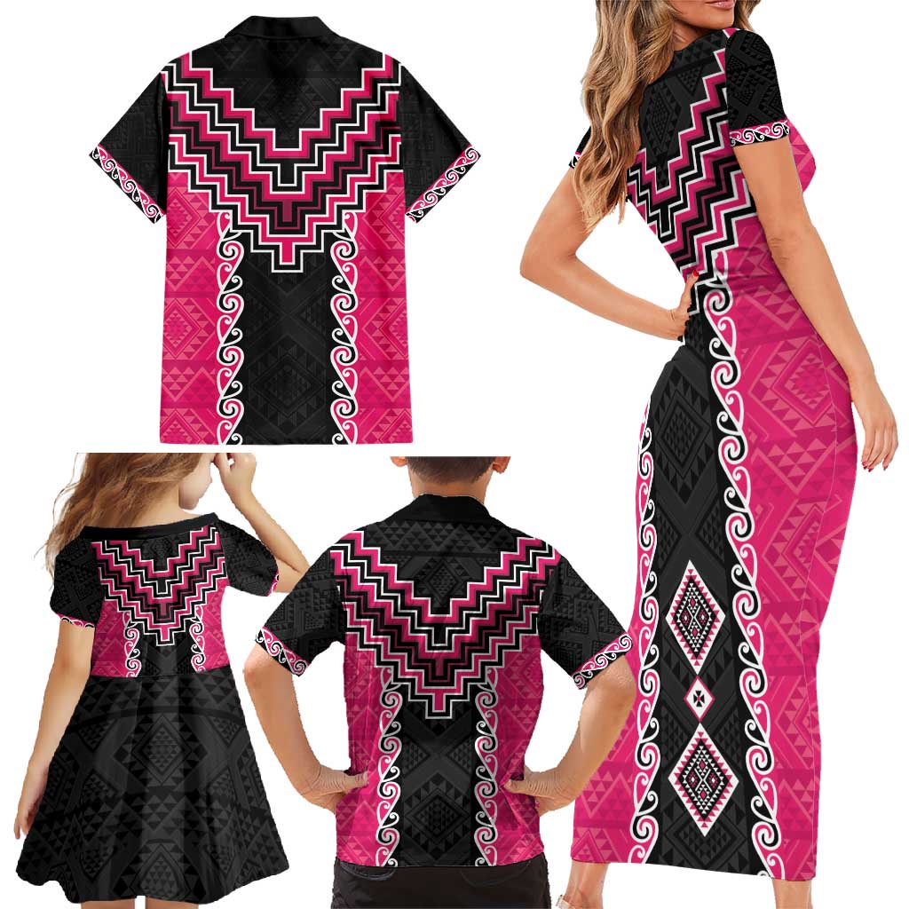 Pink Niho Taniwha Mix Poutama Family Matching Short Sleeve Bodycon Dress and Hawaiian Shirt Unique Taniko Aotearoa LT01 - Polynesian Pride