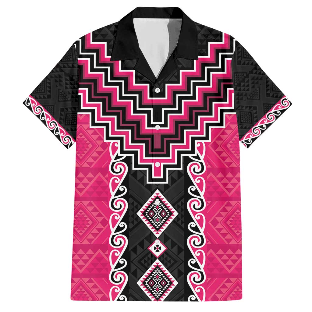 Pink Niho Taniwha Mix Poutama Family Matching Short Sleeve Bodycon Dress and Hawaiian Shirt Unique Taniko Aotearoa LT01 Dad's Shirt - Short Sleeve Pink - Polynesian Pride