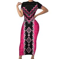 Pink Niho Taniwha Mix Poutama Family Matching Short Sleeve Bodycon Dress and Hawaiian Shirt Unique Taniko Aotearoa LT01 Mom's Dress Pink - Polynesian Pride