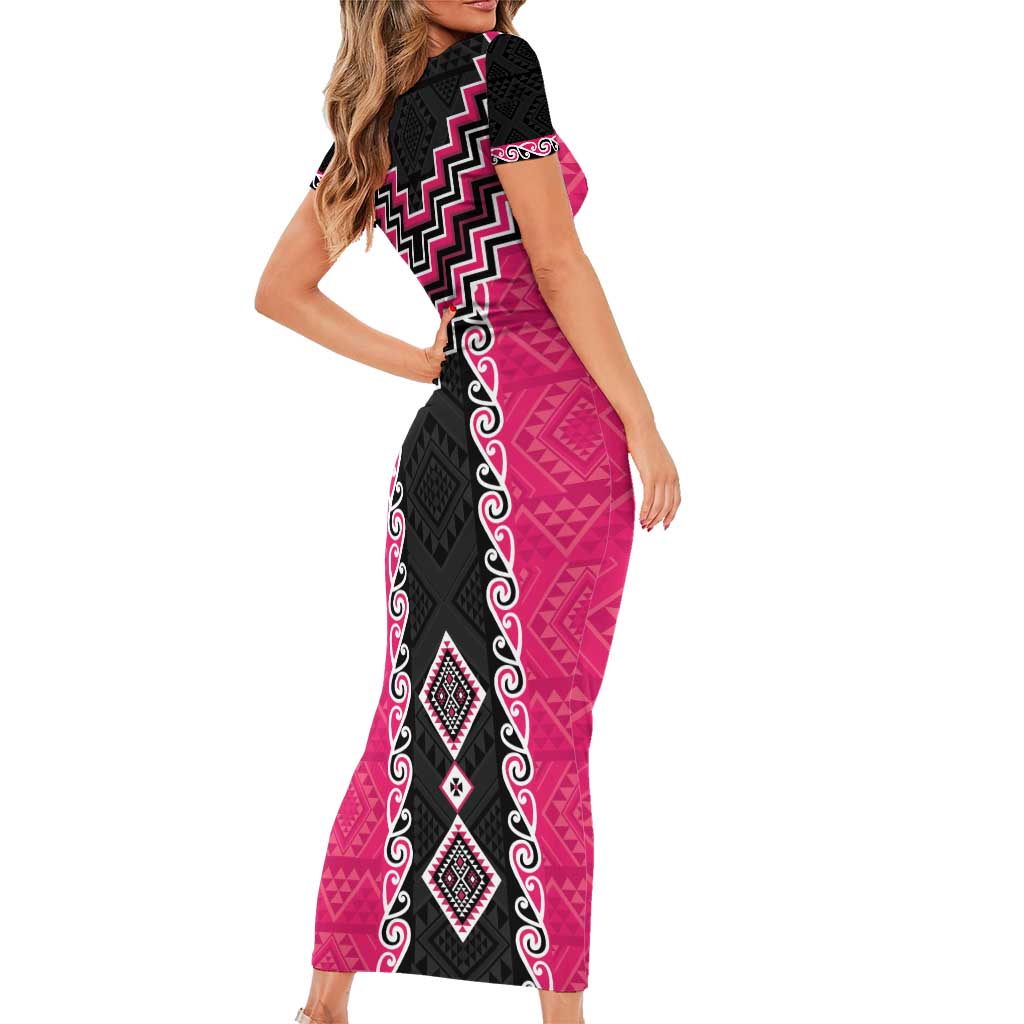 Pink Niho Taniwha Mix Poutama Family Matching Short Sleeve Bodycon Dress and Hawaiian Shirt Unique Taniko Aotearoa LT01 - Polynesian Pride