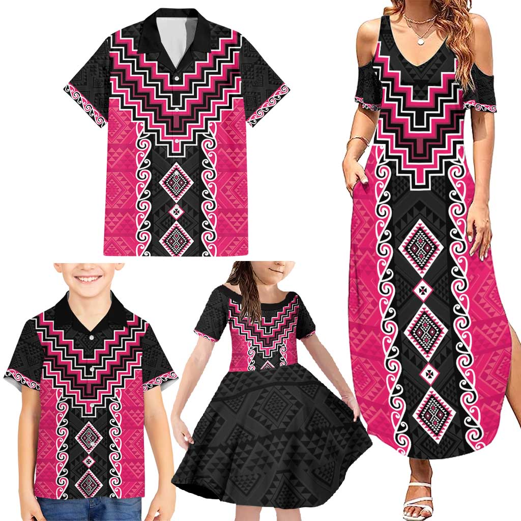 Pink Niho Taniwha Mix Poutama Family Matching Summer Maxi Dress and Hawaiian Shirt Unique Taniko Aotearoa LT01 - Polynesian Pride