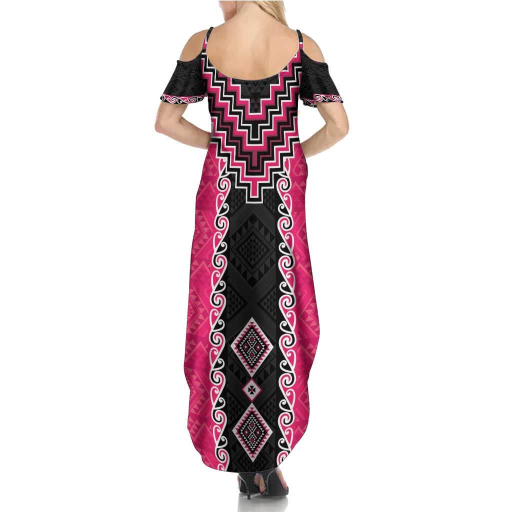 Pink Niho Taniwha Mix Poutama Family Matching Summer Maxi Dress and Hawaiian Shirt Unique Taniko Aotearoa LT01 - Polynesian Pride