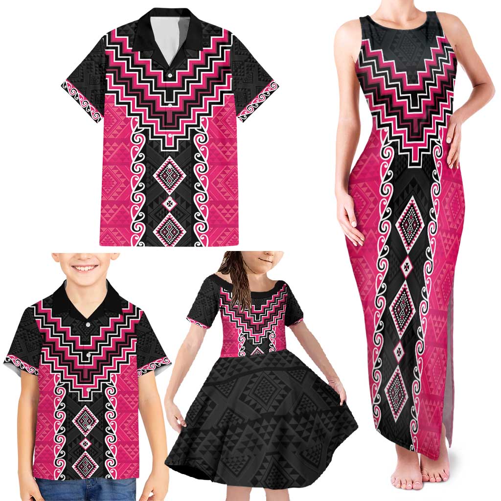 Pink Niho Taniwha Mix Poutama Family Matching Tank Maxi Dress and Hawaiian Shirt Unique Taniko Aotearoa LT01 - Polynesian Pride