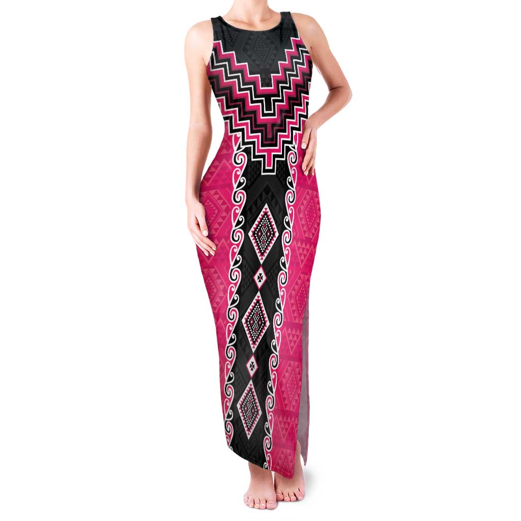 Pink Niho Taniwha Mix Poutama Family Matching Tank Maxi Dress and Hawaiian Shirt Unique Taniko Aotearoa LT01 Mom's Dress Pink - Polynesian Pride