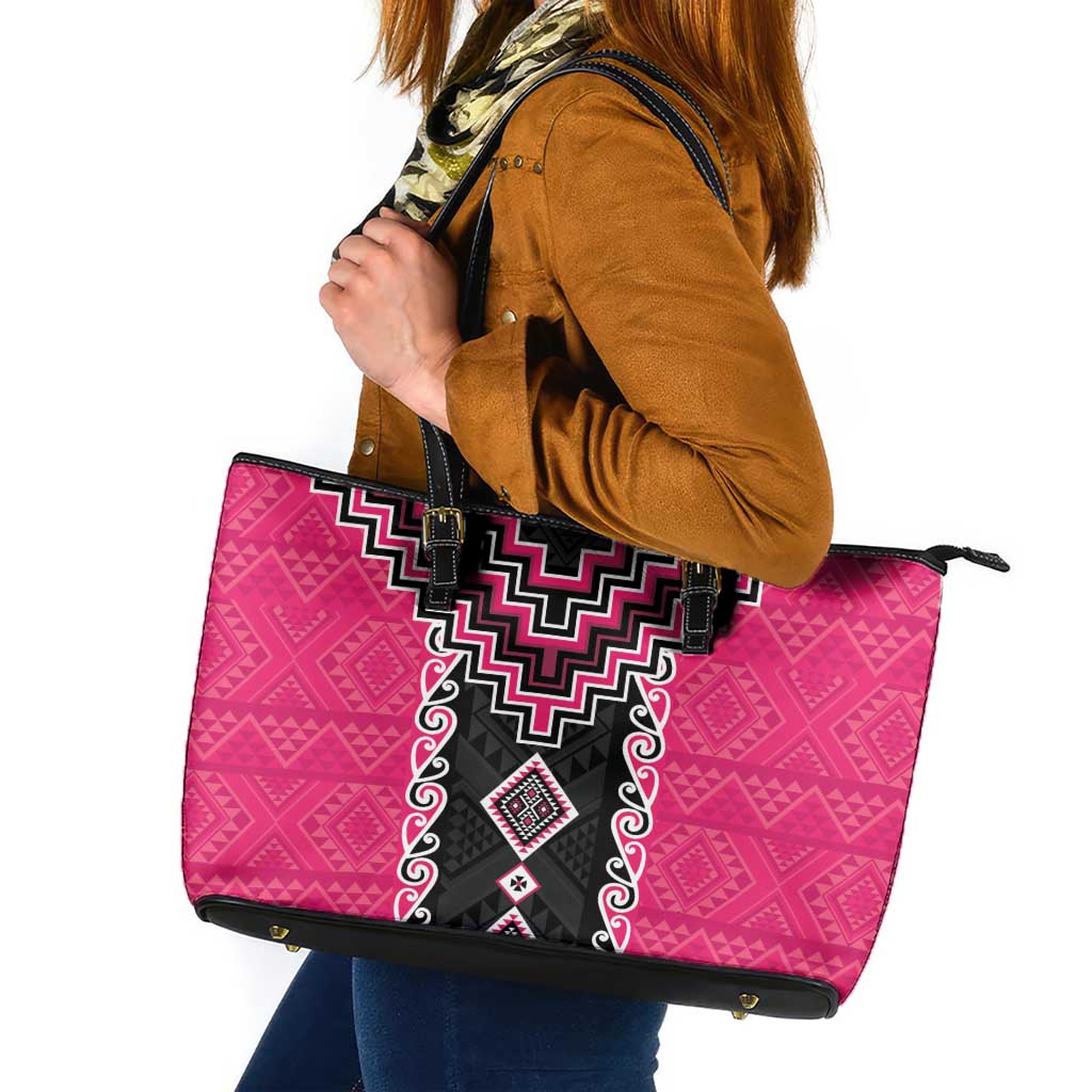 Pink Niho Taniwha Mix Poutama Leather Tote Bag Unique Taniko Aotearoa
