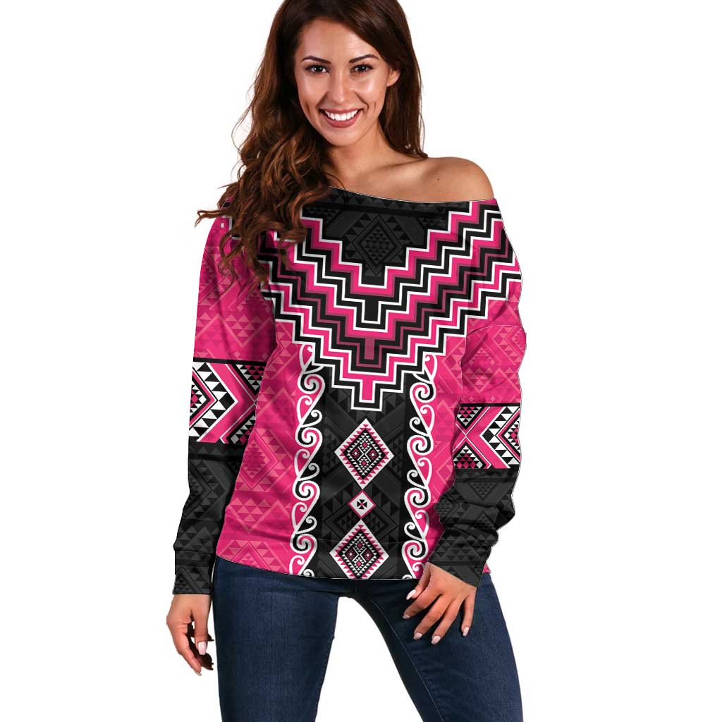 Pink Niho Taniwha Mix Poutama Off Shoulder Sweater Unique Taniko Aotearoa LT01 Women Pink - Polynesian Pride