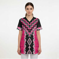 Pink Niho Taniwha Mix Poutama Scrub Top Unique Taniko Aotearoa - Polynesian Pride