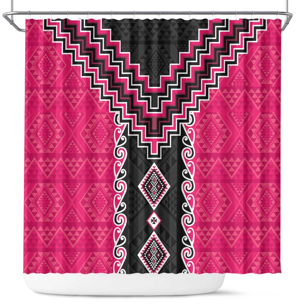 Pink Niho Taniwha Mix Poutama Shower Curtain Unique Taniko Aotearoa LT01 Pink - Polynesian Pride