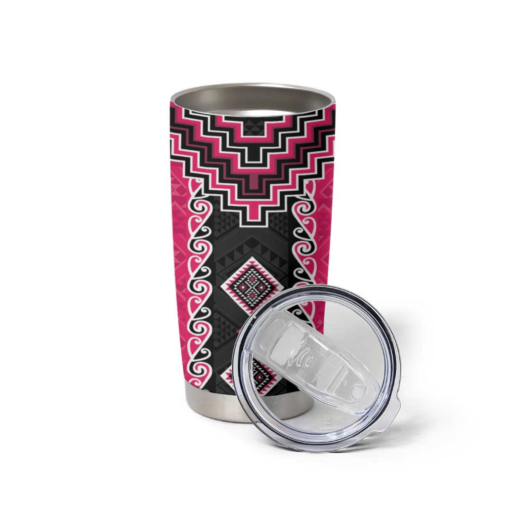 Pink Niho Taniwha Mix Poutama Tumbler Cup Unique Taniko Aotearoa