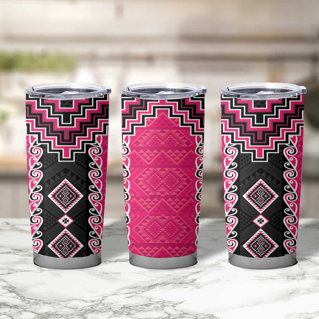 Pink Niho Taniwha Mix Poutama Tumbler Cup Unique Taniko Aotearoa