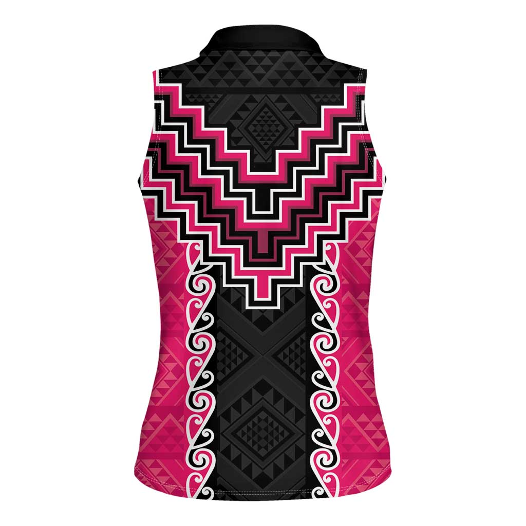 Pink Niho Taniwha Mix Poutama Women Sleeveless Polo Shirt Unique Taniko Aotearoa
