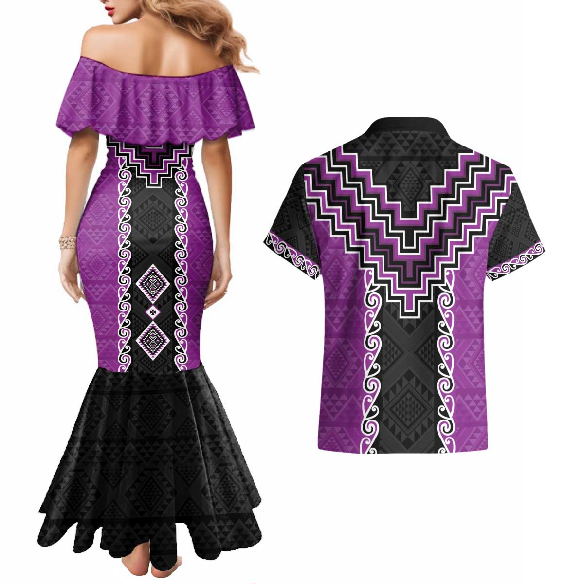 Purple Niho Taniwha Mix Poutama Couples Matching Mermaid Dress and Hawaiian Shirt Unique Taniko Aotearoa