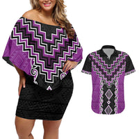 Purple Niho Taniwha Mix Poutama Couples Matching Off Shoulder Short Dress and Hawaiian Shirt Unique Taniko Aotearoa LT01 Purple - Polynesian Pride