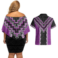 Purple Niho Taniwha Mix Poutama Couples Matching Off Shoulder Short Dress and Hawaiian Shirt Unique Taniko Aotearoa LT01 - Polynesian Pride