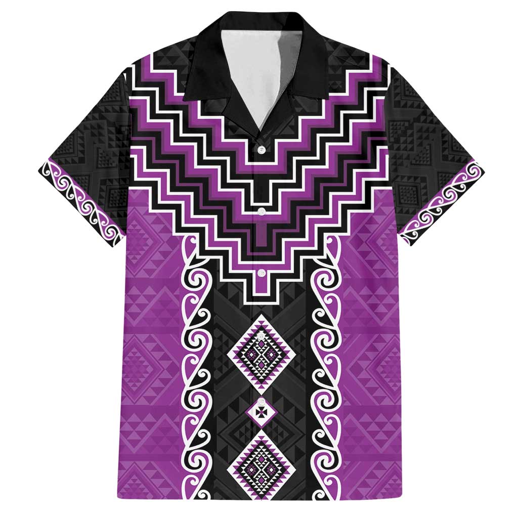 Purple Niho Taniwha Mix Poutama Family Matching Long Sleeve Bodycon Dress and Hawaiian Shirt Unique Taniko Aotearoa LT01 Dad's Shirt - Short Sleeve Purple - Polynesian Pride