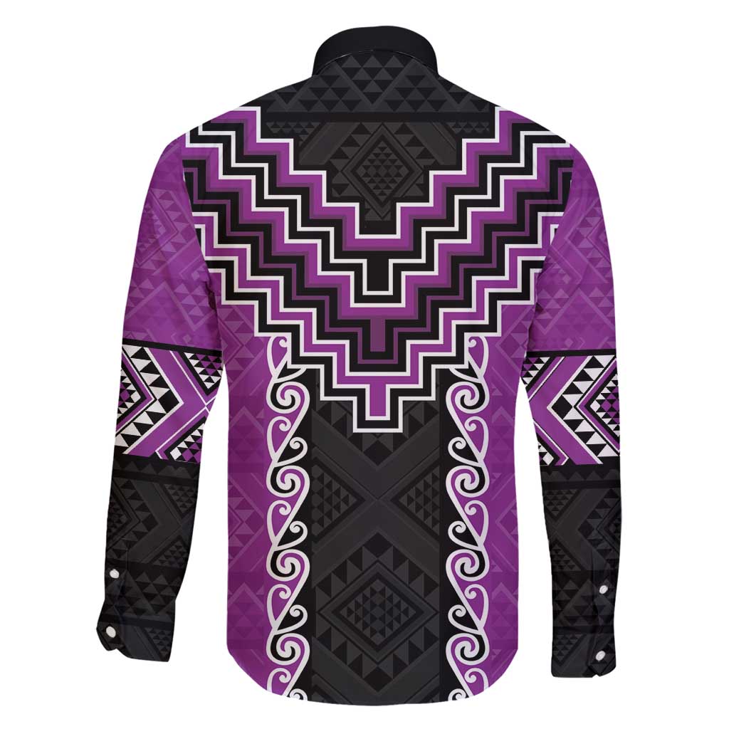 Purple Niho Taniwha Mix Poutama Family Matching Long Sleeve Bodycon Dress and Hawaiian Shirt Unique Taniko Aotearoa LT01 - Polynesian Pride